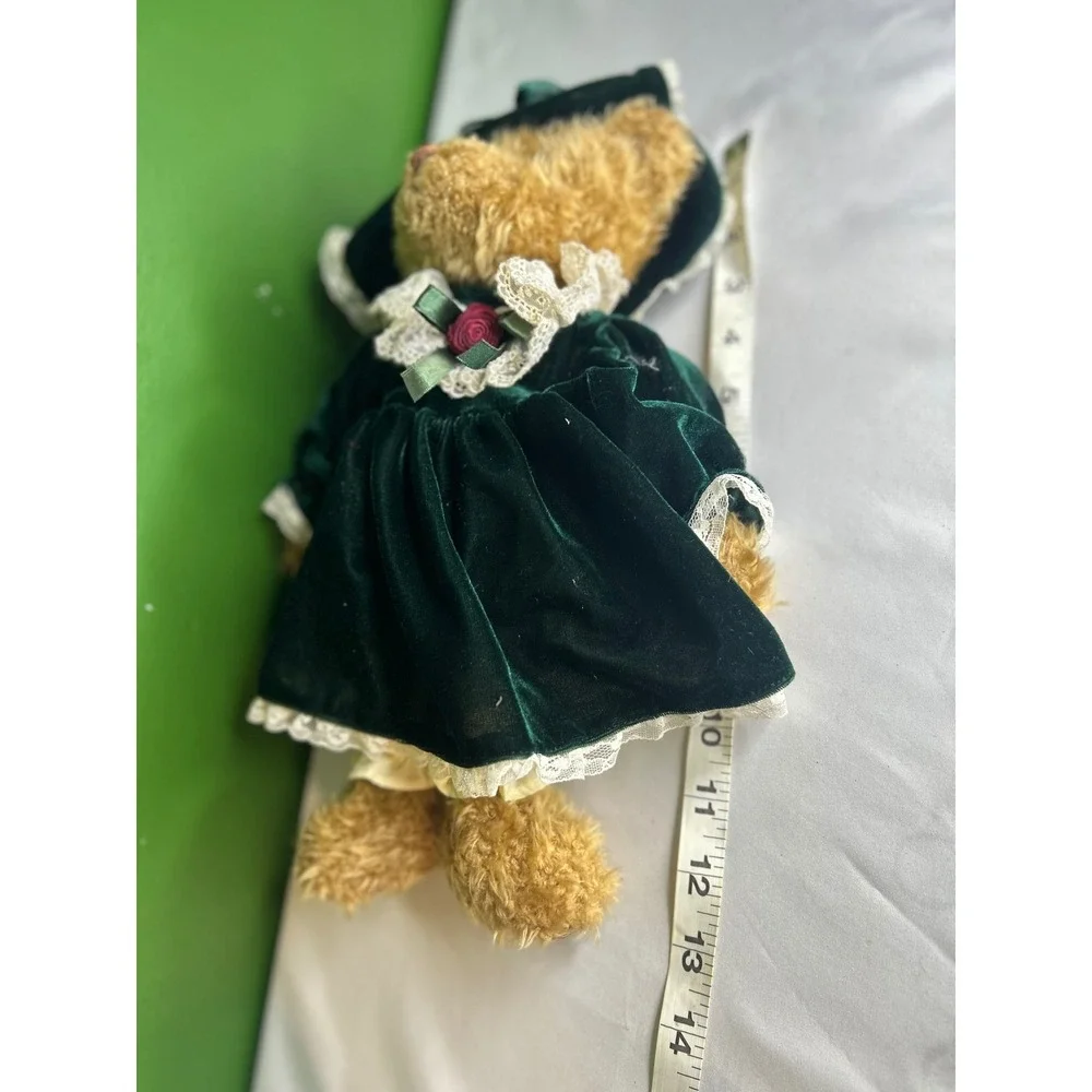Fine Toy Bernadette Teddy Bear Green Velvet Victorian Dress Lace Bonnet Plush